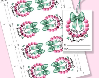 Friendship Bracelet Gift Tags, Christmas Wreath Gift Tags, Printable Holiday Gift Tags, Girly Christmas Gifts, Pink Wreath Tags for Presents