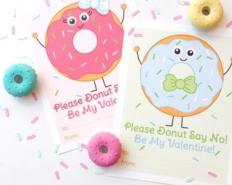 Donut Valentine Printable Cards, Doughnut Valentines, Boy and Girl Donut, Classroom Valentine, Card Template, Please Donut Say No Valentines