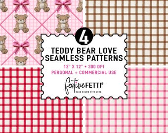 Papiers numériques Teddy Bear + Modèles sans couture | Vichy marron rose rouge | Arrière-plans imprimables pour le scrapbooking, kit de fournitures pour journal indésirable