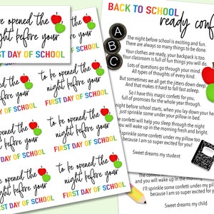 Back to School Ready Confetti Printable, First Day of School, Ready Confetti Poem, Night Before First Day of School, Digital File