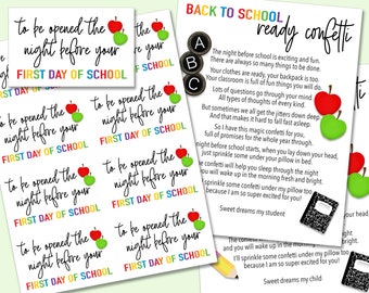 Back to School Ready Confetti Printable, First Day of School, Ready Confetti Poem, Night Before First Day of School, Digital File