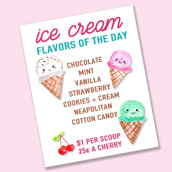 Ice Cream Party Menu, Printable Ice Cream Flavors Sign, Ice Cream Birthday Party, Ice Cream Printables, Instant Download Il_570xn