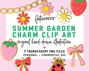 Summer Garden Jewelry Charm Clip Art, Trinket Girl, Charm Bar Graphics, Hand-Drawn Jewelry Graphics, Charm Bracelet Art, PNG, Commercial Use