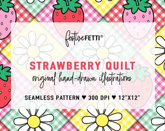 Seamless Strawberry Gingham Pattern, Cottagecore Patchwork Digital Paper, Hand-Drawn Quilt Print, Junk Journal, Scrapbook, Fabric Design