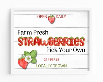 Farm Fresh Strawberries, Strawberry Market Sign, Tiered Tray Decor, Strawberry Decor, Summer Home Decor, Digital, Image, Printable Sign