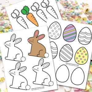 May include: Printable Easter coloring pages featuring bunnies, carrots, and eggs. The pages are black and white with outlines for coloring.