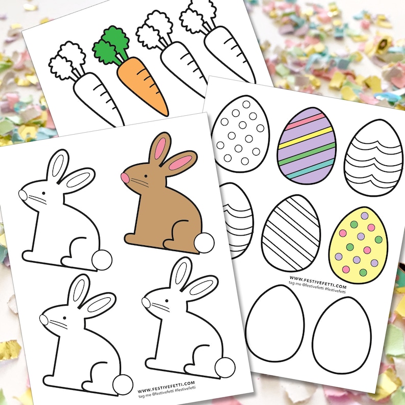 May include: Printable Easter coloring pages featuring bunnies, carrots, and eggs. The pages are black and white with outlines for coloring.