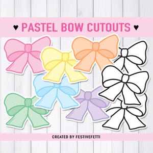 May include: A collection of paper bow cutouts featuring the text PASTEL BOW CUTOUTS and CREATED BY FESTIVEFETTI. The set includes individual bows in solid pastel pink, yellow, peach, blue, green, and purple, alongside several black and white outlines.