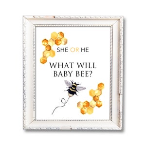 Signo de revelación de género, imprimible, él o ella, ¿Qué hará Baby Bee baby shower?, Signo de fiesta imprimible, Tema de abeja, niño o niña, descarga digital