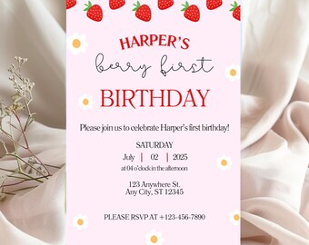Berry First Birthday Digital Invitation, Strawberry Shortcake Theme, Berry First Birthday Invite, Decorations