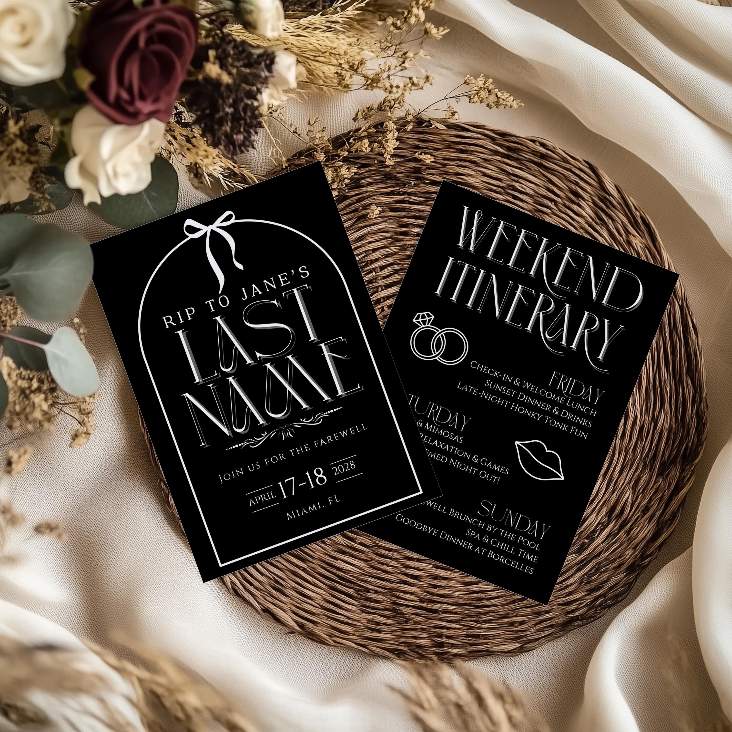 RIP Last Name Bachelorette Invitation, Bride-Or-Die, Girls Trip Itinerary, Bachelorette Sign, Custom Bridal Invite