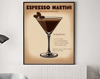 Espresso Martini Print – Retro Cocktail Illustration, Bar Cart Decor, Coffee Cocktail Wall Art, Digital Download