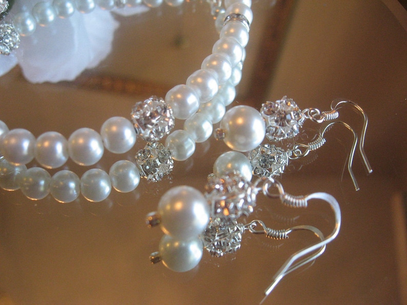 Wedding Jewelry for the Bride or Bridesmaids Wedding Jewelry Set Crystal and Pearl Bracelet and Earring Set in White or Ivory Pearls