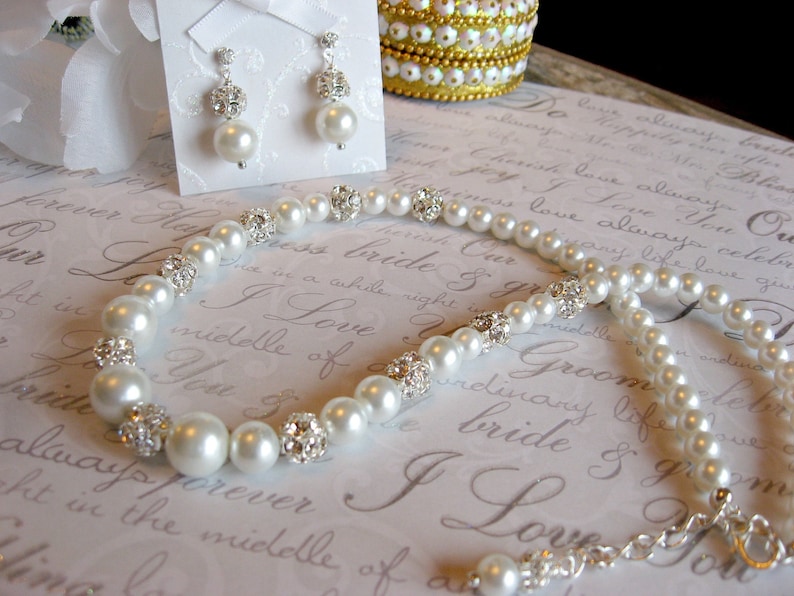 Wedding Rhinestone and Pearl Bridal Wedding Necklace and Rhinestone Stud Earring Set Bride or Bridesmaid Jewelry SetWedding Jewelry
