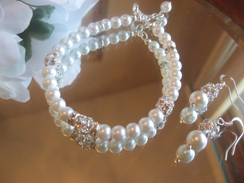 Wedding Jewelry for the Bride or Bridesmaids Wedding Jewelry Set Crystal and Pearl Bracelet and Earring Set in White or Ivory Pearls
