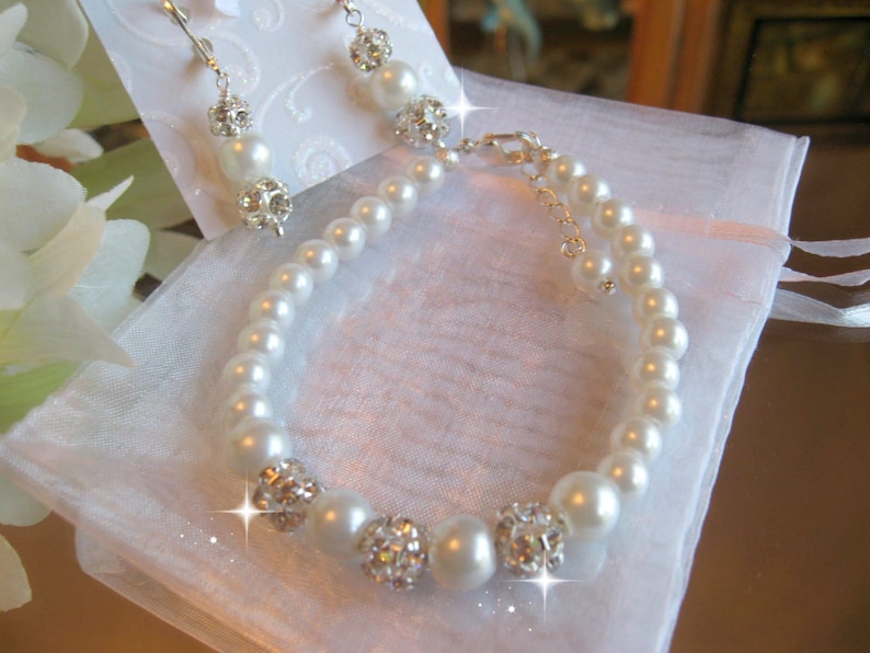 Wedding Pearl and Rhinestone Bracelet and Earring SetBridemaid or Bride Jewelry SetWeddng Jewelry SetBridal Jewelry