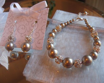 Swarovski Platinum Silver Pearl and Swarovski Rhinestone Bracelet and Earring Set - Bride or Bridesmaid Jewelry