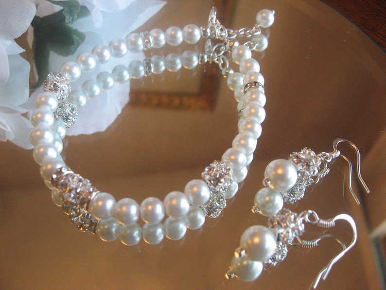 Wedding Jewelry for the Bride or Bridesmaids Wedding Jewelry Set Crystal and Pearl Bracelet and Earring Set in White or Ivory Pearls