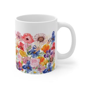 Wildflower Bouquet Ceramic Mug, Colorful Floral Illustration, Cottagecore Spring Garden