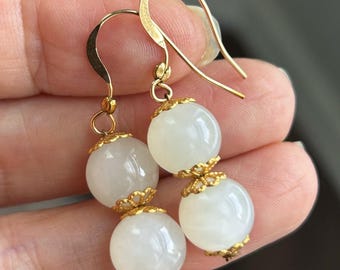 Oriental grace | White Jade Double Bead Earrings: 14k Gold Filled, Qinghai Nephrite | Inspired by the museum's collection of royal jewellery