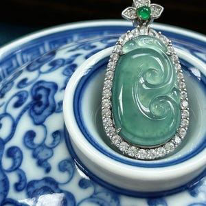 Exquisite gold plated A grade blue water Jadeite RuYi shape pendant | Affordable High quality Emerald | perfect gift for jadeite lover