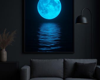 Arte murale con luna blu neon / Stampa digitale scaricabile / Estetica del cielo notturno malinconico / Arredamento minimalista moderno per la casa / Stampa con riflesso dell'oceano lunare