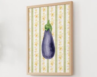 Vintage Eggplant on Floral Wallpaper – Cottagecore Digital Download Printable Art