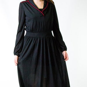 Vintage 1980s Black Secretary Dress w/ Hot Pink Piping and Smocked Waist * Long Blouson Sleeve Shirtdress Retro * Size US 12 / Large