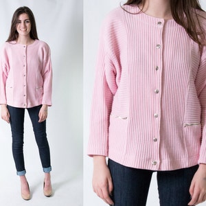 80s Vintage Pink Ribbed Knit Cardigan Sweater w/ Boxy Fit & Metal Zippers Preppy Girly Fall Autumn Size Large image 1