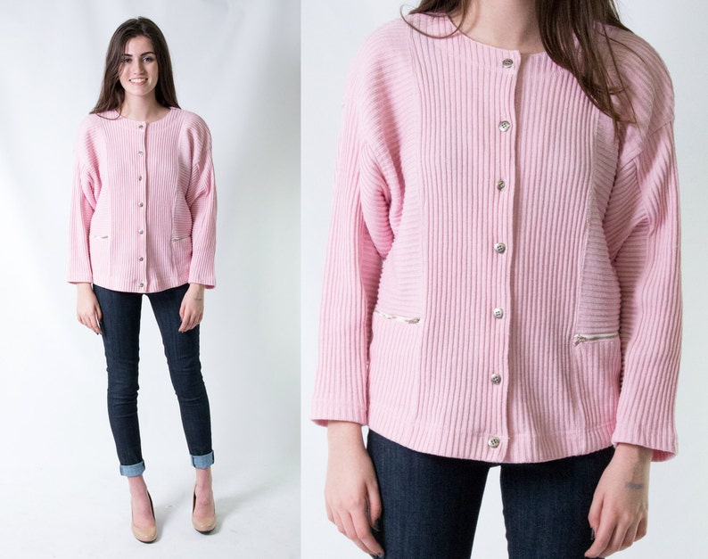 80s Vintage Pink Ribbed Knit Cardigan Sweater w/ Boxy Fit & Metal Zippers Preppy Girly Fall Autumn Size Large image 1