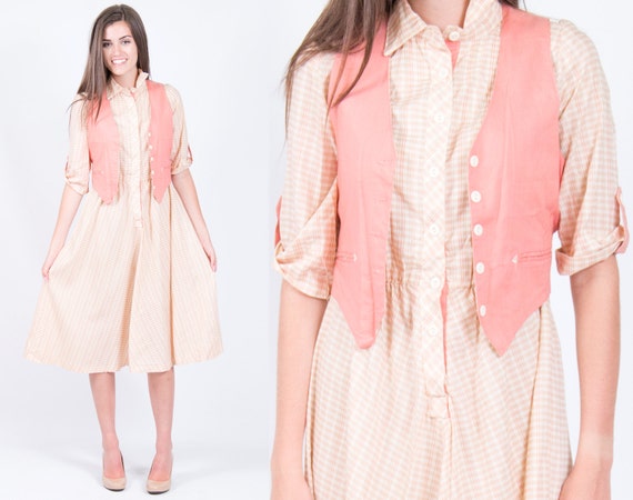 Vintage 1970s Cream Pink Plaid Western Shirt Dres… - image 1