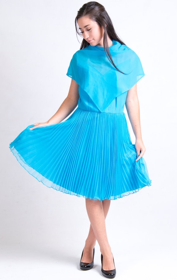 cerulean blue cocktail dress 1950s Cerulean Blue Chiffon Cocktail Dress: Pleated Scarf Collar, Size US 8