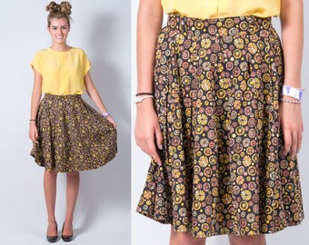 Vintage 1950s Pinwheel Retro Print Full Circle Skirt * Black Yellow Green Tan Brown Rockabilly Boho * Size US 6 / Small