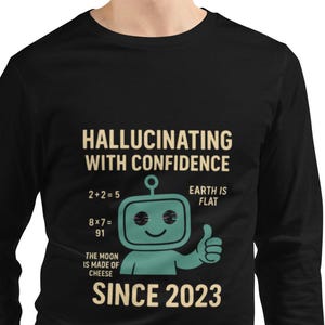 May include: Black long-sleeved top with the text "HALLUCINATING WITH CONFIDENCE" and a cartoon robot giving a thumbs up. The shirt also features the text "SINCE 2023" and mathematical equations.
