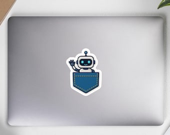 May include: A sticker featuring a cartoon robot waving from a blue pocket. The robot has a blue body, white eyes, and a small antenna. The pocket is a darker shade of blue with a white border.
