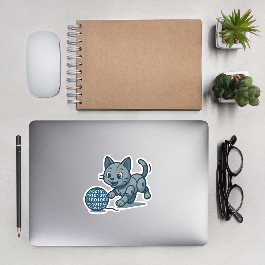 Robot Kitten Sticker – Cute Vinyl Sticker of Robotic Cat Chasing ...