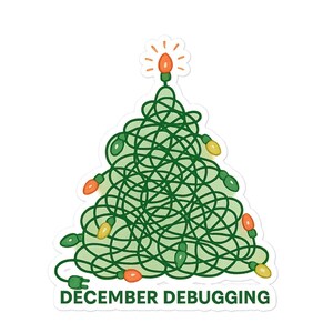 May include: A sticker featuring a Christmas tree design made of tangled green string lights. The tree is adorned with orange and yellow bulbs. The text "DECEMBER DEBUGGING" is at the bottom.