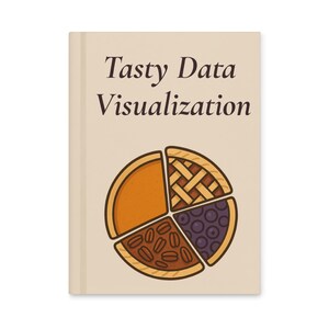 Könnte beinhalten: Ein Buchcover mit dem Titel "Tasty Data Visualization" in braunem Text. Das Cover zeigt ein Tortendiagramm, das in vier Abschnitte unterteilt ist, die jeweils eine andere Tortenart darstellen: Kürbis, Blaubeere, Kaffeebohnen und eine Torte mit Gittermuster.