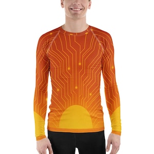 Cyber Sunset Rash Guard: UPF 50+ Tech-Inspired Long Sleeve Swim Shirt
