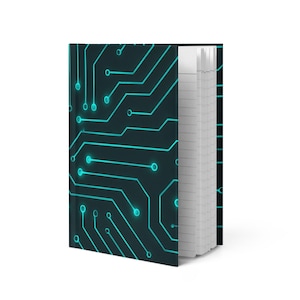 May include: A hardcover notebook with a teal circuit board design on a black background. The notebook is open, revealing lined white pages. The cover features a repeating pattern of lines and circles.