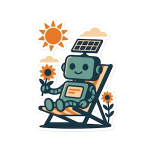 Puede incluir: Una pegatina con un robot verde con un panel solar en la cabeza, relajándose en una tumbona. El robot sostiene una flor, con un sol naranja y flores en el fondo. Diseño de estilo de dibujos animados.
