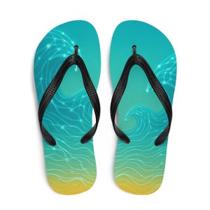 Puede incluir: Un par de chanclas con un diseño degradado turquesa y amarillo, con un patrón de olas con puntos interconectados. Las chanclas tienen correas negras.