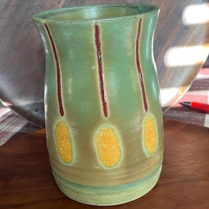 Arts & crafts-style, hand-made sage green vase