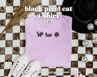 Przytulna koszulka z czarnym pikselowym kotem | przytulny prezent dla graczy