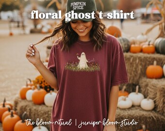 Koszulka z motywem ducha w stylu retro kwiatowym | upiorna jesienna koszulka