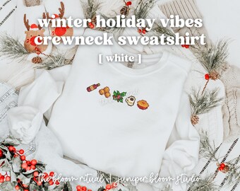 Zimowe, świąteczne klimaty (biała) pikselowa, przytulna bluza z okrągłym dekoltem | przytulny prezent dla graczy