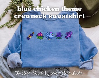 Przytulna bluza z okrągłym dekoltem i motywem niebieskiego kurczaka w pikselowej grafice | przytulny prezent dla graczy
