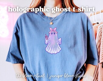 Koszulka z holograficznym duchem | prezent na Halloween na jesień, jesienna kokietka, opalizujący duch