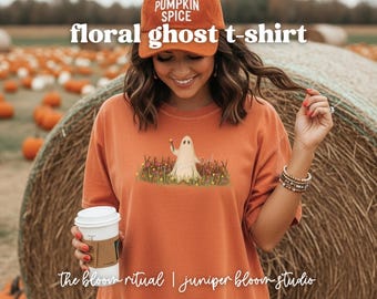 Koszulka z motywem ducha w stylu retro kwiatowym | upiorna jesienna koszulka