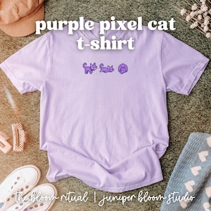 Lila Pixel-Katze gemütliches T-Shirt |  Stardew Valley inspiriertes Geschenk für Gamer - Komfort Farben